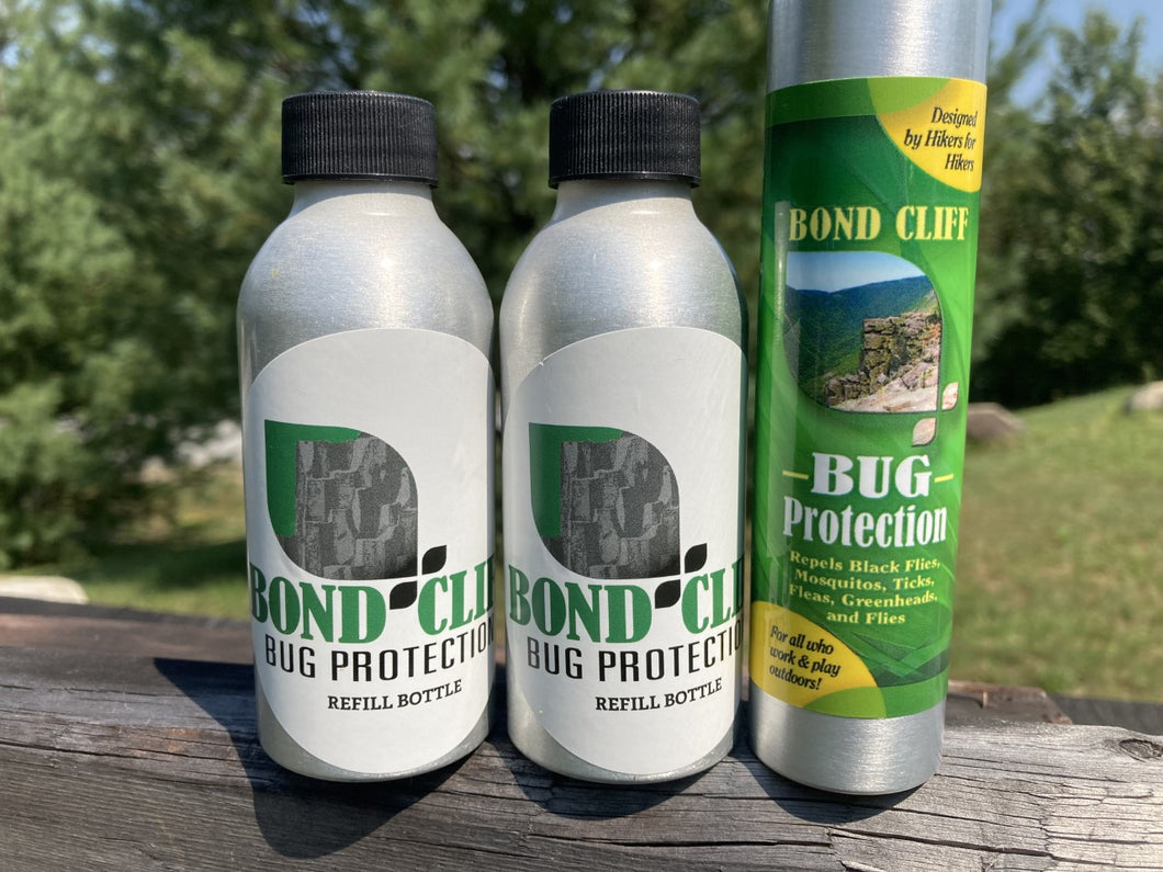 One 4 Ounce Aluminum Pump Spray Bottle and Two 4 Ounce Aluminum Refill Bottles of Bond Cliff Bug Protection